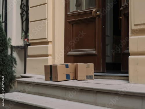 parcels in front of the front door. Delivery of gifts and parcels every day and for the holiday. generative AI