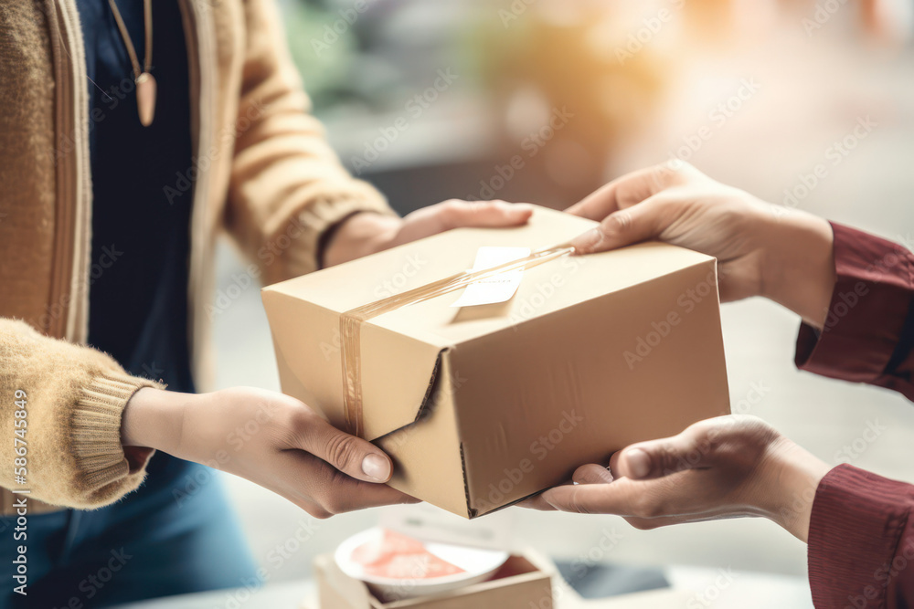 A man's hand gives an empty recycled paper cardboard box shopping for a woman. Delivery box mockup for branding design concept. generative AI A man's hand gives an empty recycled paper cardboard box shopping for a woman. Delivery box mockup for branding design concept. generative AI