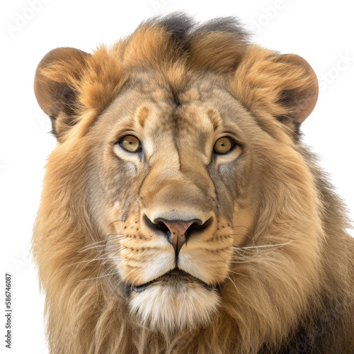 an isolated lion jungle cat FACE, FRONT-view portrait, safari-themed photorealistic illustration on a transparent background cutout in PNG, generative ai © Purple Penguin GFX