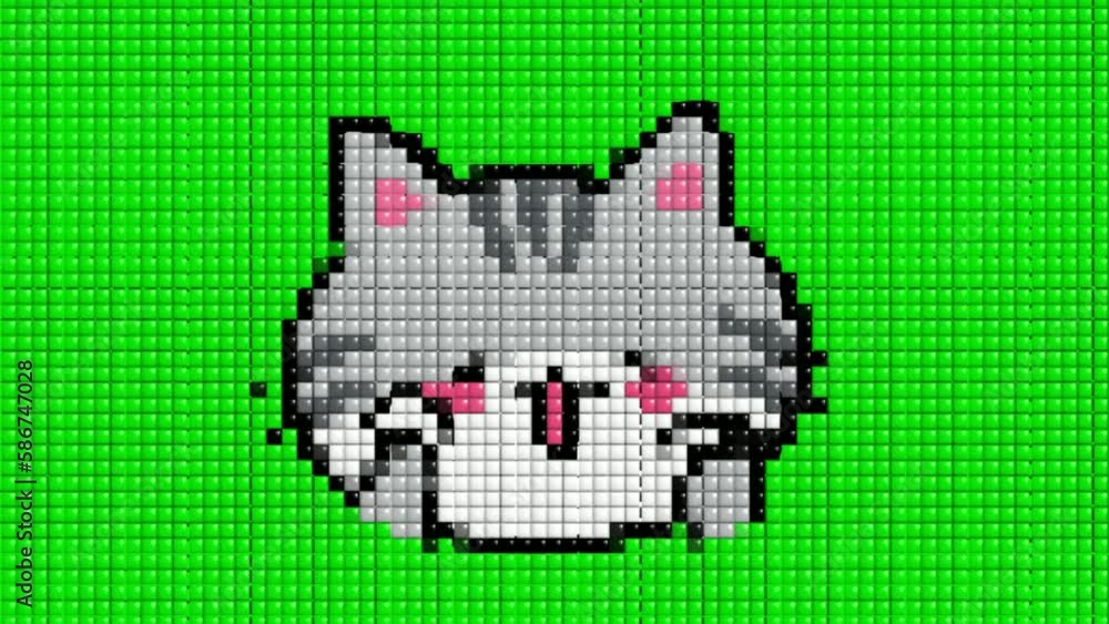 cute cat activity animation, pixel art, on green screen background ...