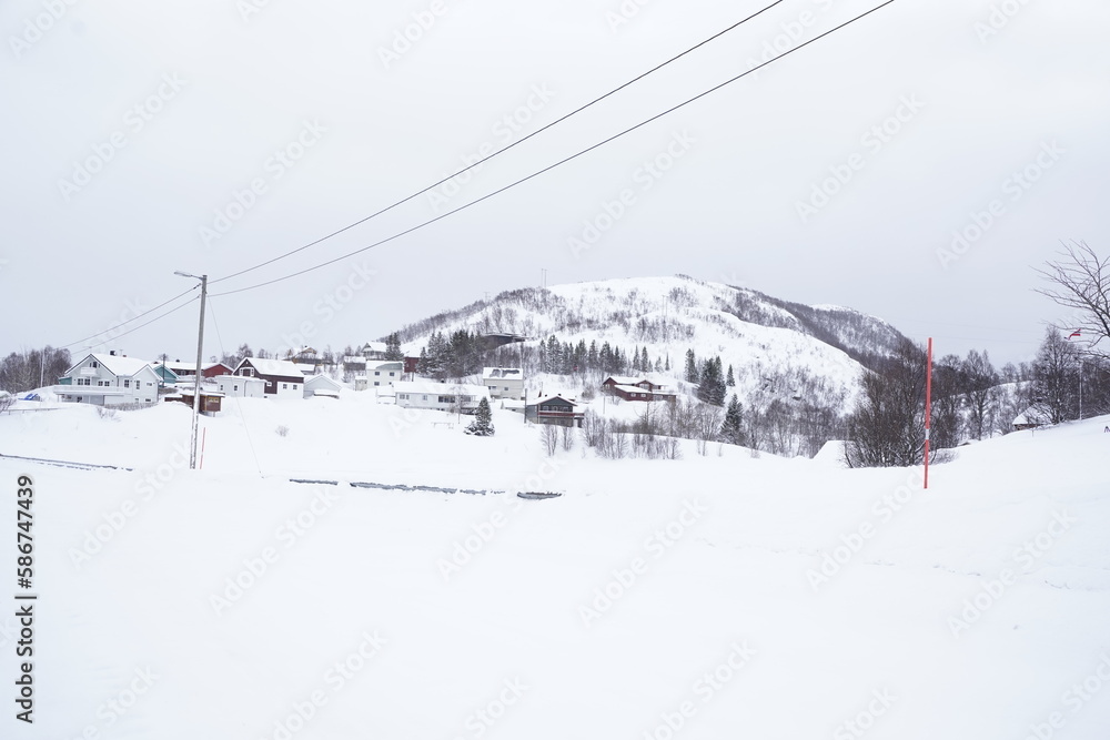 snowy landscape view in tromso fjords, norway snowy landscape view in tromso fjords, norway