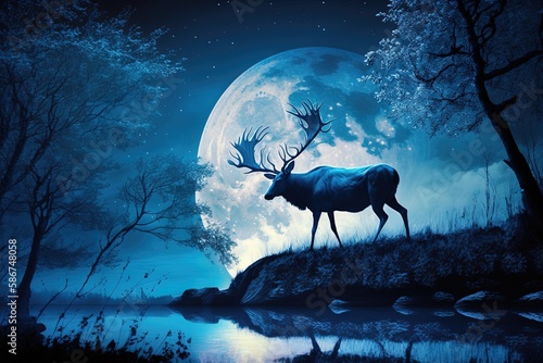 Enchanted in the Moonlight: A Moonlight Fantasy Elk Scene Generative AI