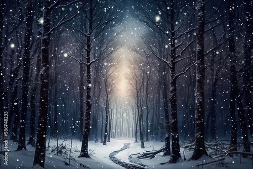 Glistening Winter Woods Amidst Shimmering Snowfall Generative AI