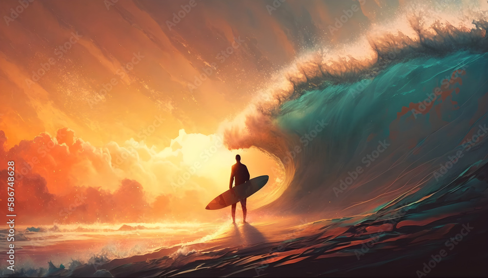 Surfer standing near a wave, holding a surfboard at sunset. Generative AI illustration