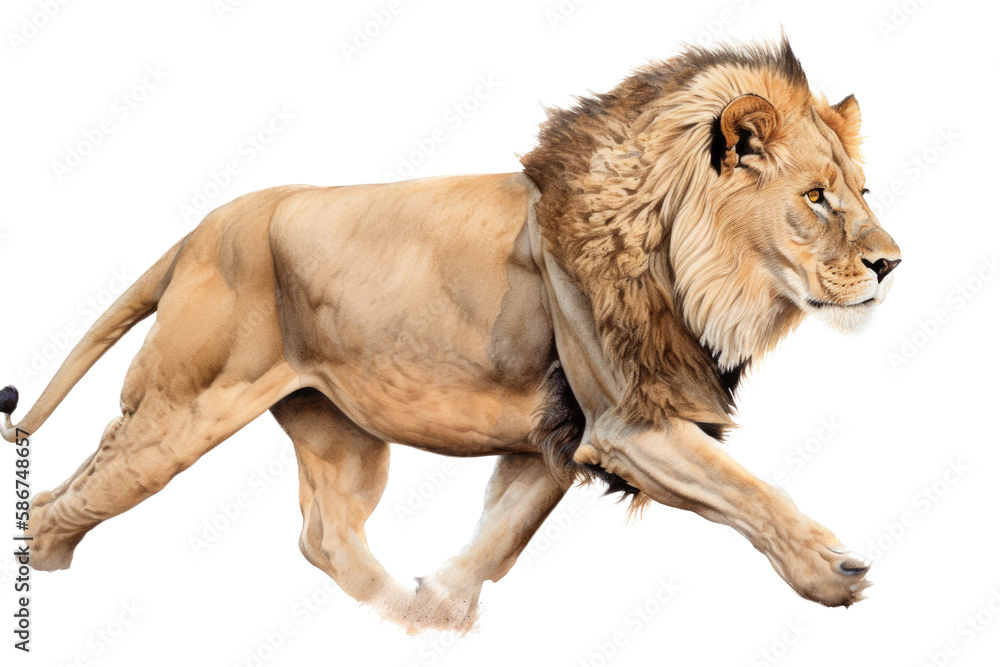 Fototapeta premium a male lion. Panthera leo, walking, trotting and running, in wildlife-themed, photorealistic illustrations on a transparent background cutout in PNG. Generative AI