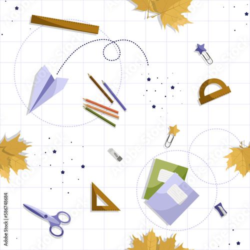 school theme seamless background, school doodles seamless pattern, school elements seamless pattern, notepad writing, learning, lessons, study time, school tools set, education icon set