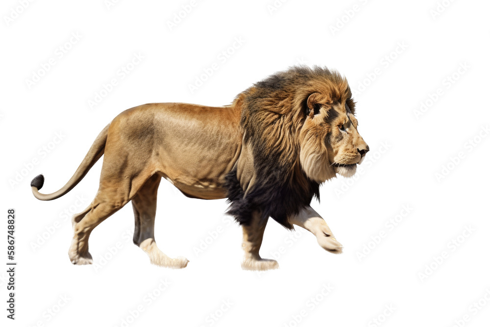 Obraz premium a male lion. Panthera leo, walking, trotting and running, in wildlife-themed, photorealistic illustrations on a transparent background cutout in PNG. Generative AI
