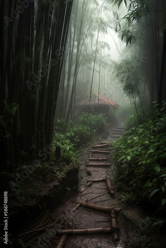 Foggy winding Bamboo path in Bamboo jungle at rainy season. The Beauty of the Rainforest  A Mystical Bamboo Walkway