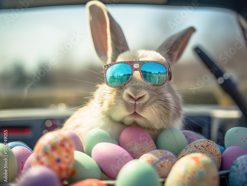 Easter - Cute Bunny With Decorated Eggs. Adorable Bunny With Easter Eggs.