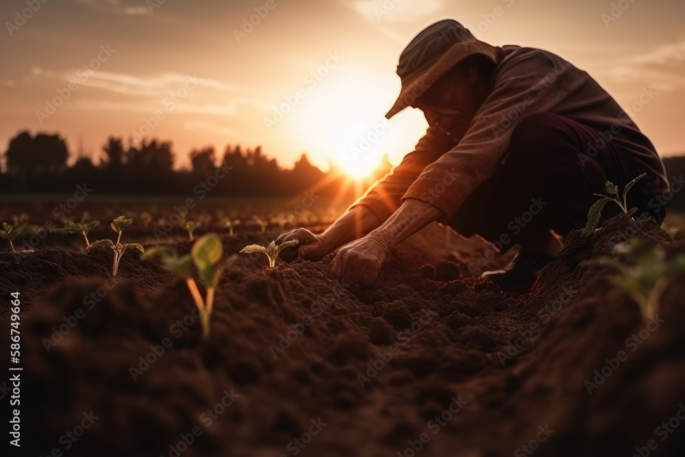 Male hands touching soil on the field during sunset. Farmer is checking soil quality before sowing Generative AI