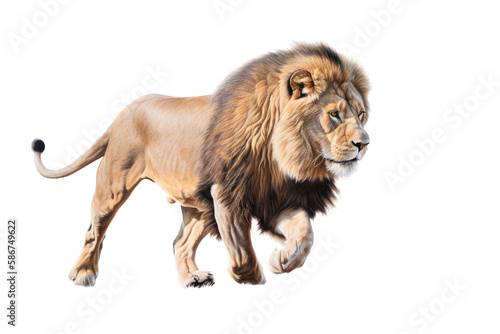 a male lion. Panthera leo  walking  trotting and running  in wildlife-themed  photorealistic illustrations on a transparent background cutout in PNG. Generative AI