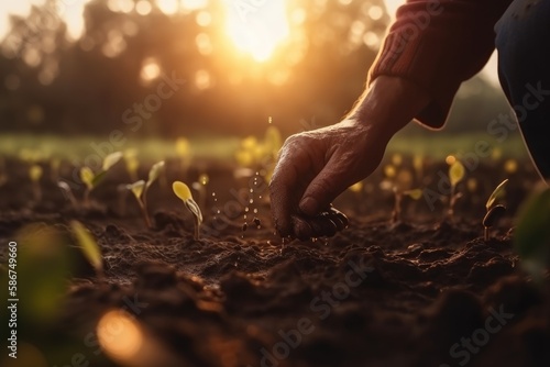 Male hands touching soil on the field during sunset. Farmer is checking soil quality before sowing Generative AI