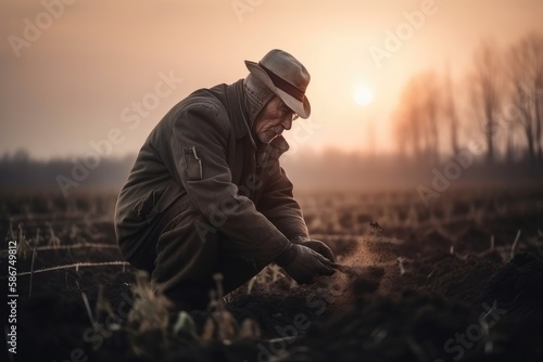 Male hands touching soil on the field during sunset. Farmer is checking soil quality before sowing Generative AI © ChaoticMind