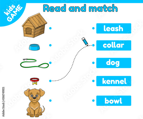 Word match educational game. Learning english vocabulary. Page of activity book for children. Printable worksheet for preschool and school kids. Cartoon dog and pet accessories. Isolated vector design