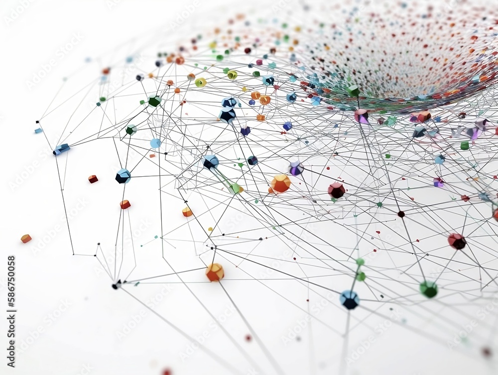 Abstract connected dots and lines. AI technology, Motion of digital data flow. Communication and technology network concept with moving lines and dots. 3D rendering. White background. Colours Abstract connected dots and lines. AI technology, Motion of digital data flow. Communication and technology network concept with moving lines and dots. 3D rendering. White background. Colours