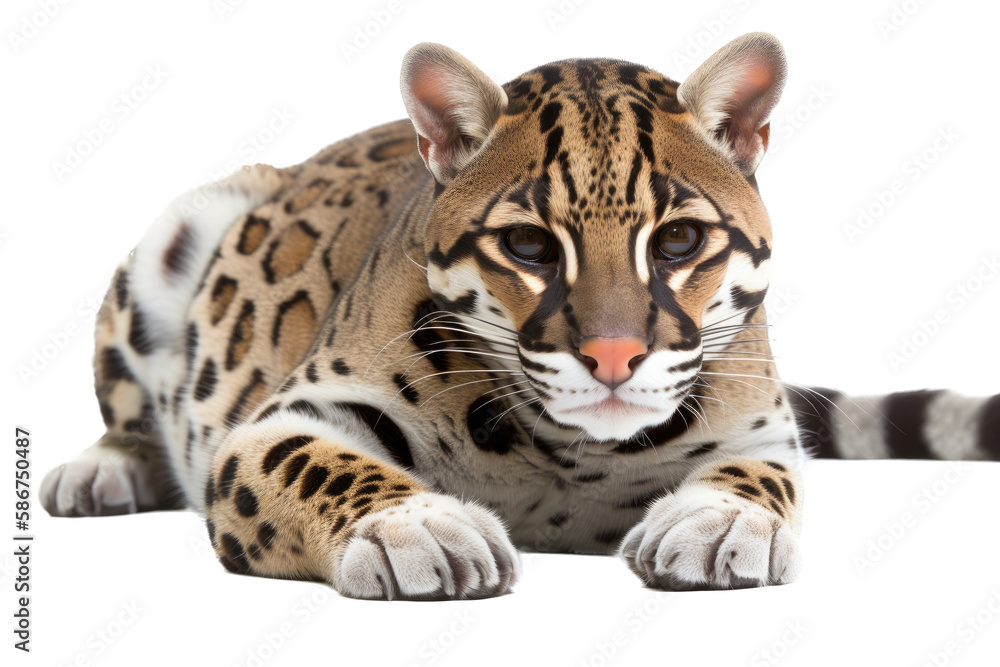 Obraz premium an isolated ocelot jungle cat laying down, FRONT-view portrait, safari-themed photorealistic illustration on a transparent background cutout in PNG, generative ai