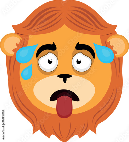 vector illustration face of an exhausted cartoon lion, with his tongue out and drops of sweat on his head