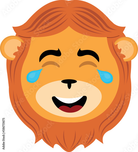 vector illustration face of a cartoon lion with a cheerful expression and tears of laughter