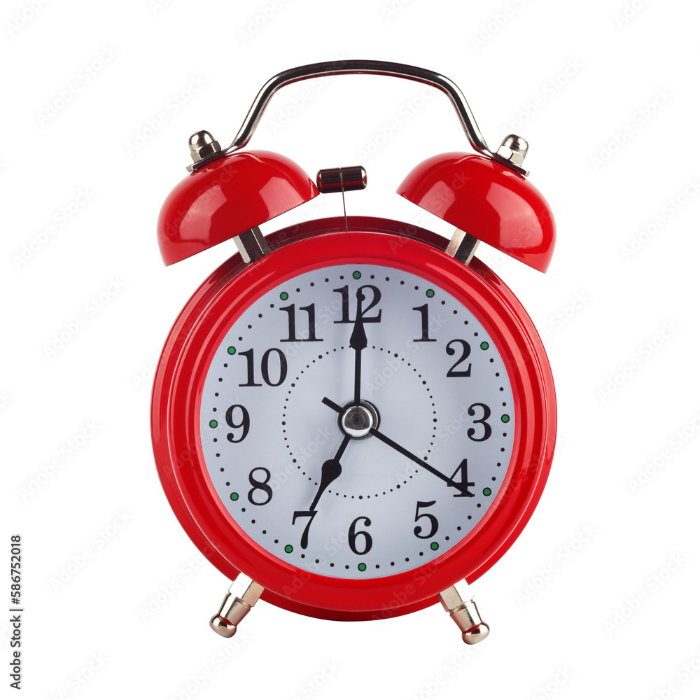 Red alarm clock isolated without background. It's 7 o'clock on the clock. Morning. Top view. PNG Red alarm clock isolated without background. It's 7 o'clock on the clock. Morning. Top view. PNG