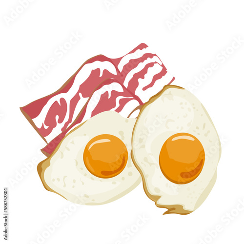 breakfast of two fried eggs and two pieces of bacon, on a light background