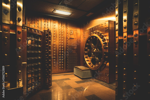 Bank vault door. Safe deposit boxes room in bank vault. Inside in Bank vault room with Dollars and euro money. Store Gold in storage. Federal Reserve Bank, Ai Generative illustration.