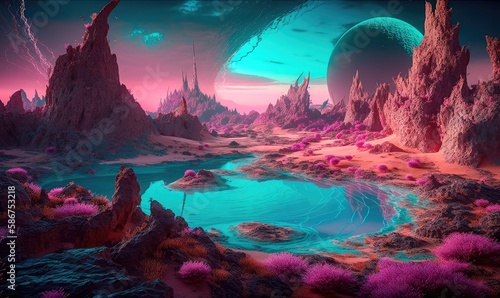 A magical landscape of a turquoise lake surrounded by mountains, trees and bubbles in a vast alien desert. Generative AI © Oleg