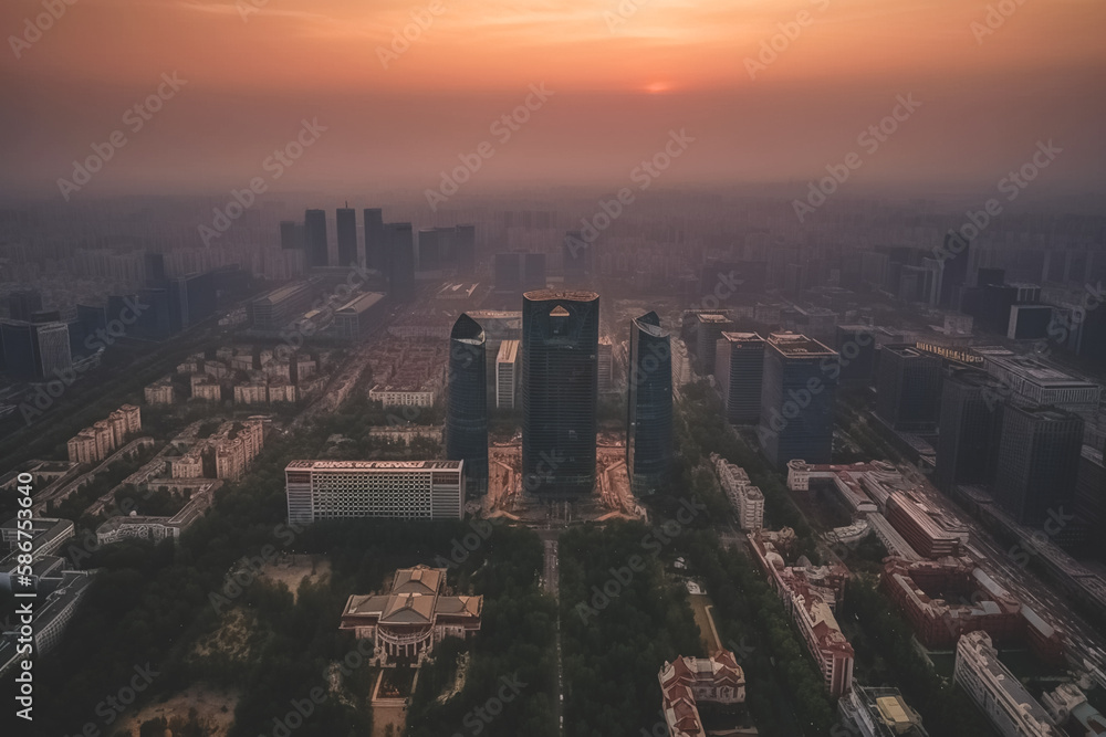 Beijing skyscrapers on sunset. Chinas Beijing City, aerial view. Central Business District of Beijing. Modern financial district skyline on sunset. Skyscrapers in dusk. Ai generative illustration.