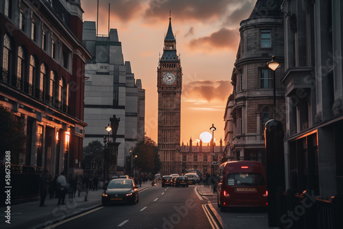Big Ben in London on sunset. Road traffic in London city. Cars traffic on City streets in England, UK, United Kingdom. Traffic jam in London near Big Ben Clock Tower. Ai generative illustration.