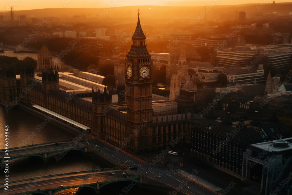 Big Ben Clock Tower in London on sunset. Westminster Bridge in London city aerial view. City streets in England, UK, United Kingdom. Big Ben in London, drone view. Ai generative illustration.