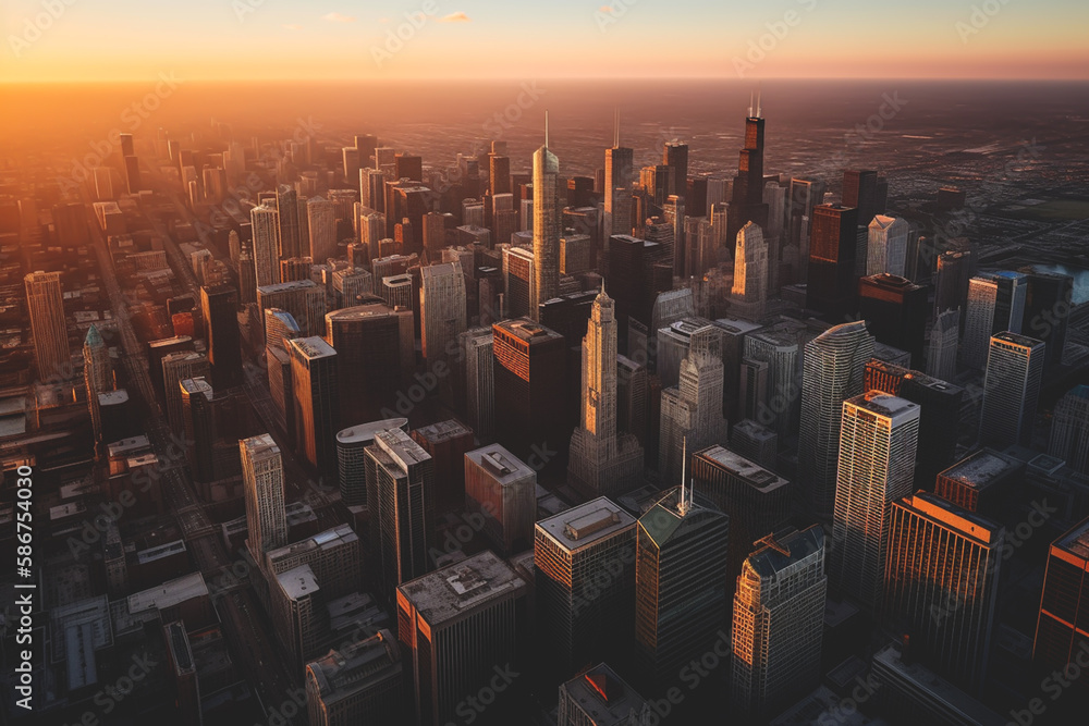 Obraz premium Chicago skyline with skyscrapers on sunset. Chicago City, aerial view. Chicago Modern financial district skyline on sunset. United States Skyscrapers in dusk. Soft focus, Ai generative illustration.