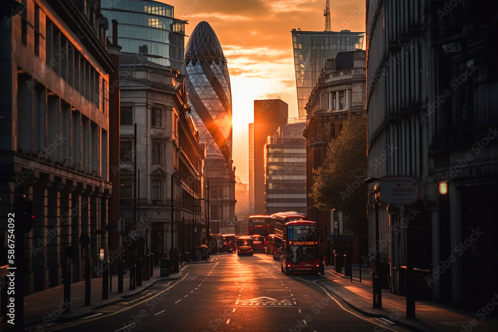 London streets at sunset. Road traffic in London. Banking district in city center of United Kingdom. Morning sunrise in England. Cityscape UK. Willis Building, Tower Exchange. AI Generative.