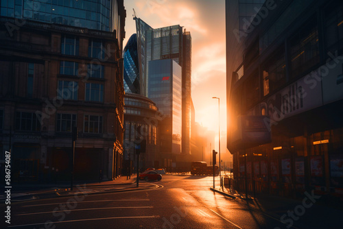 London streets at sunset. Road traffic in London. Banking district in city center of United Kingdom. Morning sunrise in England. Cityscape UK. Willis Building, Tower Exchange. AI Generative. photo