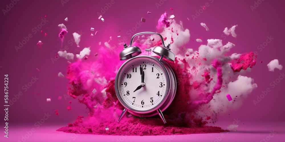 Exploding alarm clock on magenta background, concept of Time Management ...