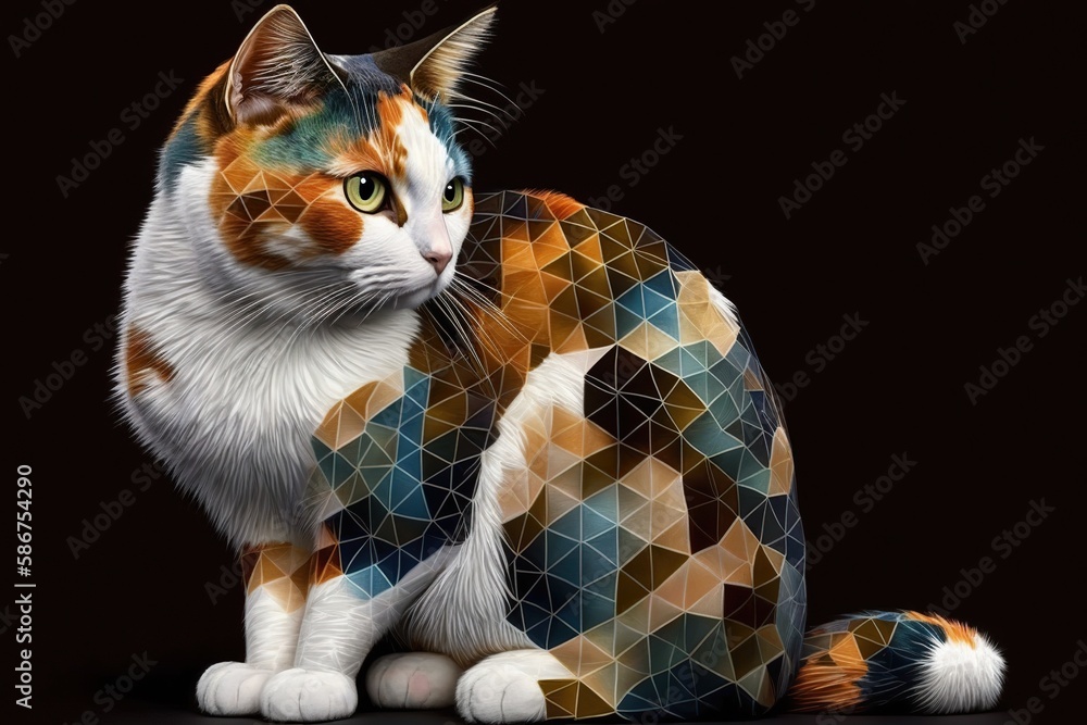 Calico cat with a rare patchwork pattern, concept of Mottled Coat and