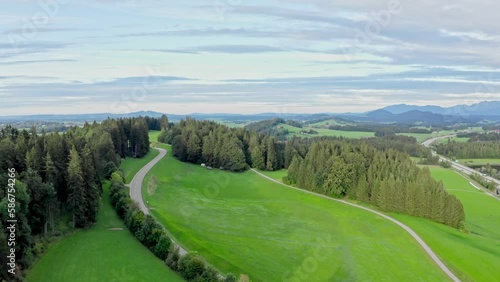Aerial view of Allgäu region, Germany. Verdant valleys with  calves ,that contrast beautifully with the majestic Alps in the background. 