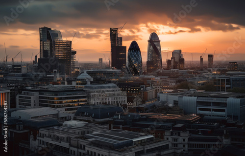 London skyscrapers at sunset. London, aerial view. Banking district in city center of United Kingdom, England, UK. Cityscape financial district. Willis Building, Tower Exchange. AI Generative.
