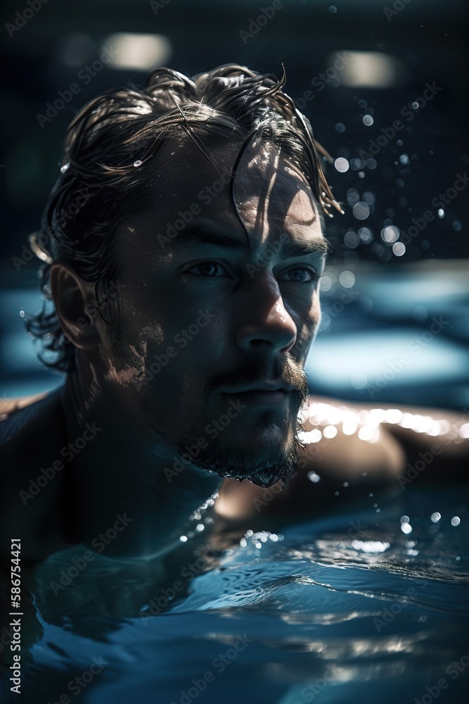 Young man swimming in indoors pool. Close up face shot. Generative AI vertical shot Young man swimming in indoors pool. Close up face shot. Generative AI vertical shot