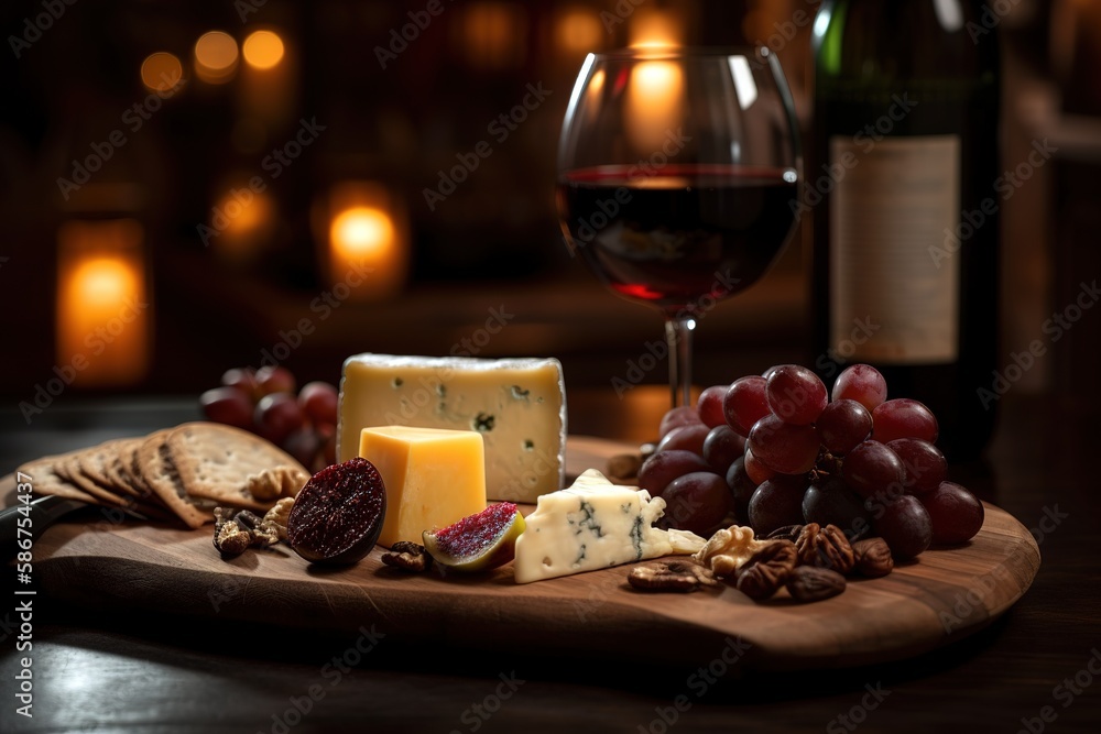 Tasty board with red wine, cheese, grapes and crackers. Generative AI
