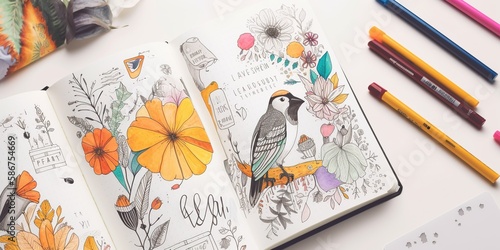 A beautifully organized bullet journal with colorful hand drawn illustrations creative layouts, concept of Personalization and Creative Layouts, created with Generative AI technology photo