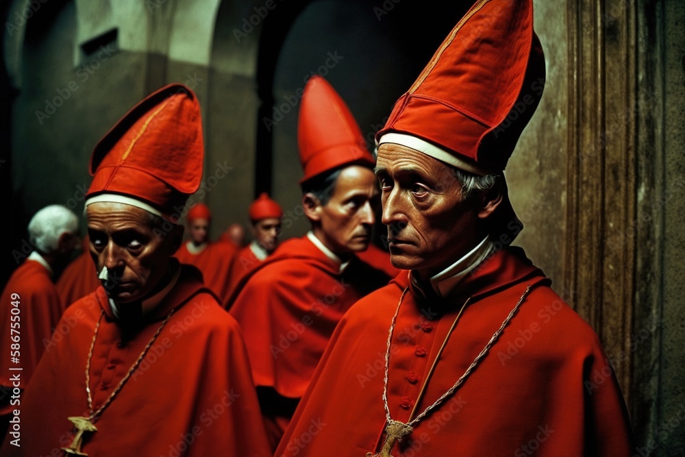 Group of Catholic cardinals in their red and purple vestments. Ai