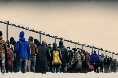Illustration about immigration to Europe, line of people waiting to cross the border. Ai generated.