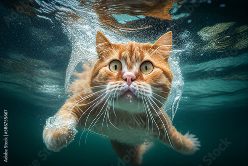 Cat swims underwater in turquoise sea. Cat hunting for fish in aquarium. Funny surprised cat face undersea. Brave cat hunts for fish in river. Fluffy kitten swimming under water, Generative AI