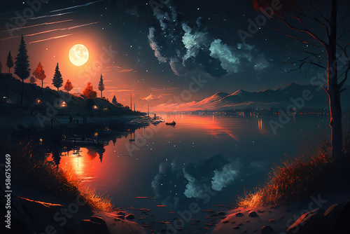 Night mountain landscape with the moon reflected in the lake, illustration generative AI