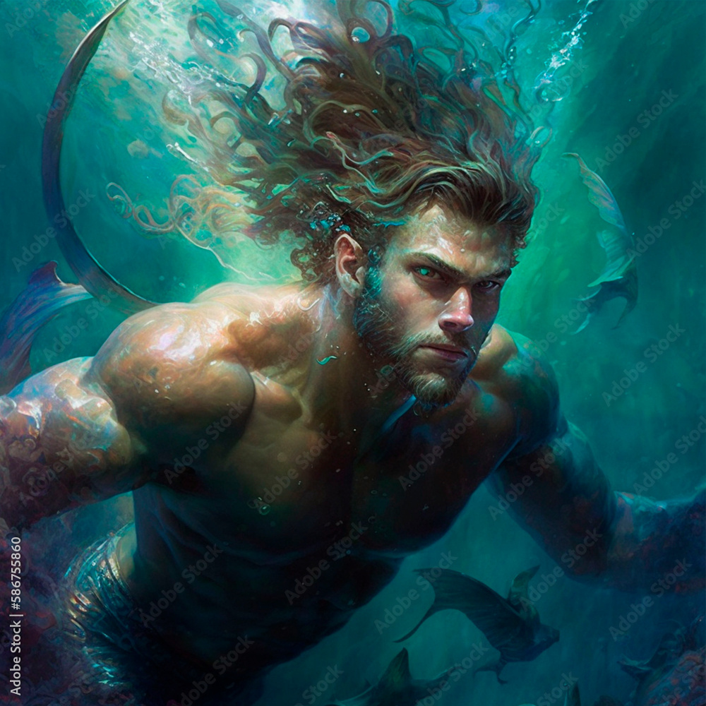 Illustration of a merman swimming underwater with floating long hair AI ...