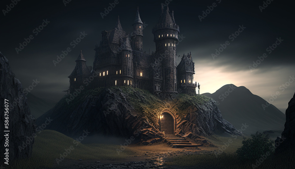 castle in the night with scary night fantasy