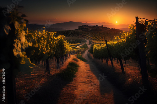 Vineyard village on sunset. Spain hills vineyard  olive trees in autumn season. Vineyard with ripe grapes in a mediterranean country. Farm field in rural. Vineyard with grape rows. Grape valley