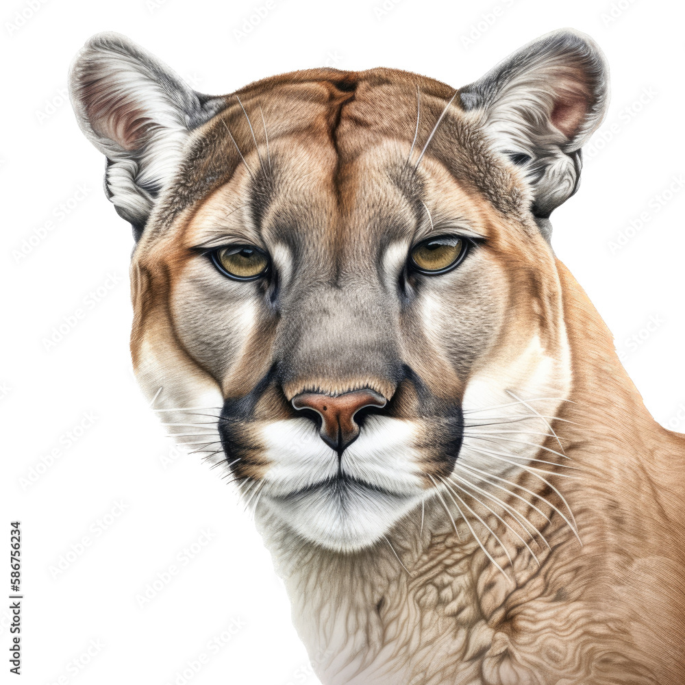 Obraz premium an isolated mountain lion cougar portrait, fierce jungle-themed photorealistic illustration on a transparent background in PNG. Generative AI