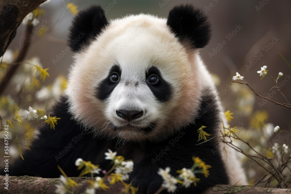 Fototapeta premium A panda bear sits on a branch in a zoo. Generative AI