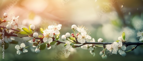 A branch of a tree with white flowers and green leaves Generative AI