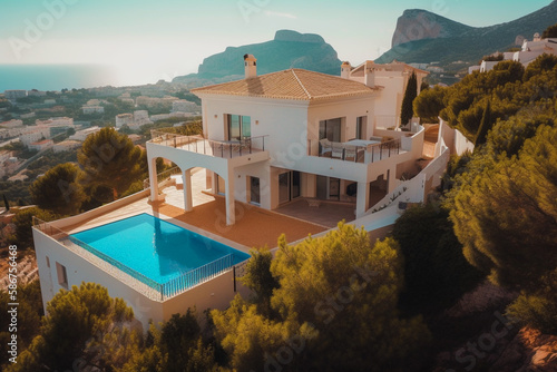 Villa in Altea Hills, Spain, Costa Blanca. Luxyry villa with swimming pool in mountains. Modern apartment buildings, House Facade exterior design. Ai generative illustration. © MaxSafaniuk